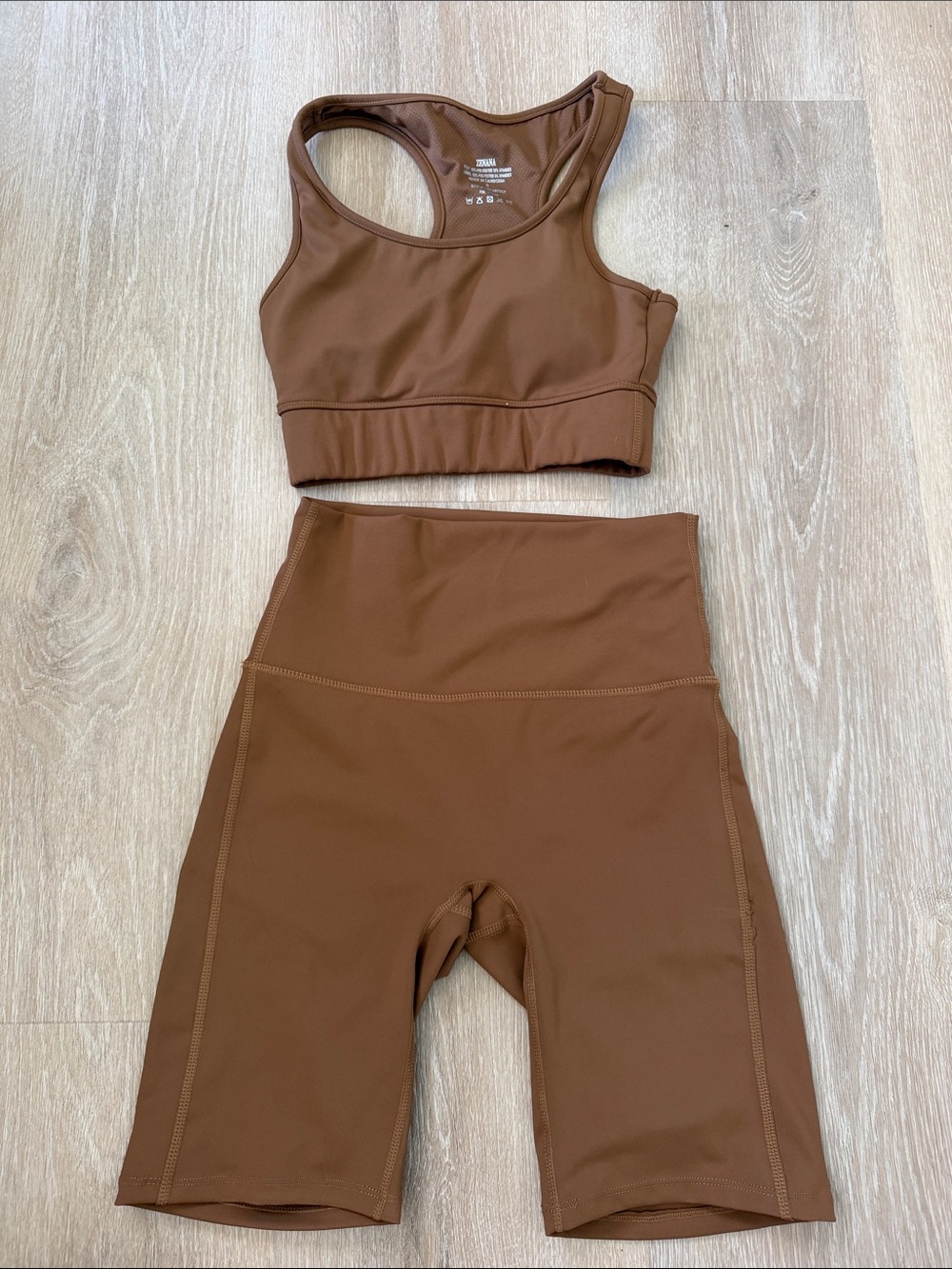 Zenana Athletic High-Waist Bike Shorts and Bra Set in Brown